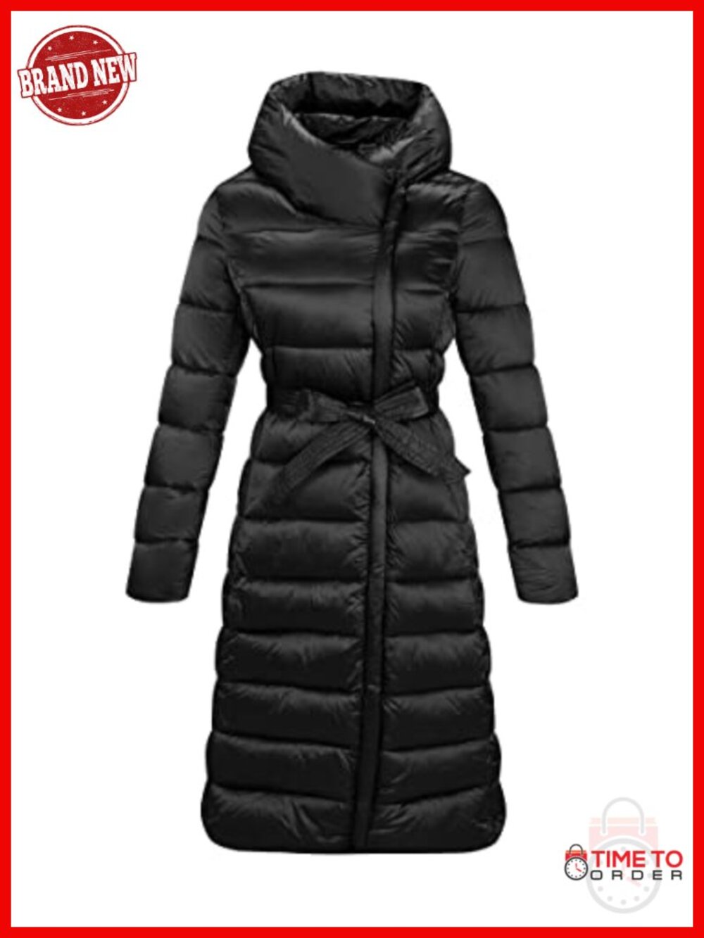 Lightweight Quilted Hooded Long Puffer Coat with Belt - Down Alternative